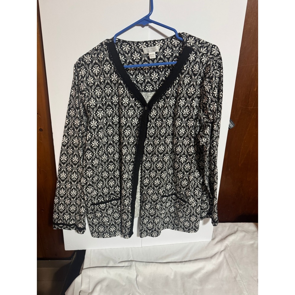 Celestial Dreams Black White Damask Print V-Neck Cardigan Top Plus Size 2X 2XG